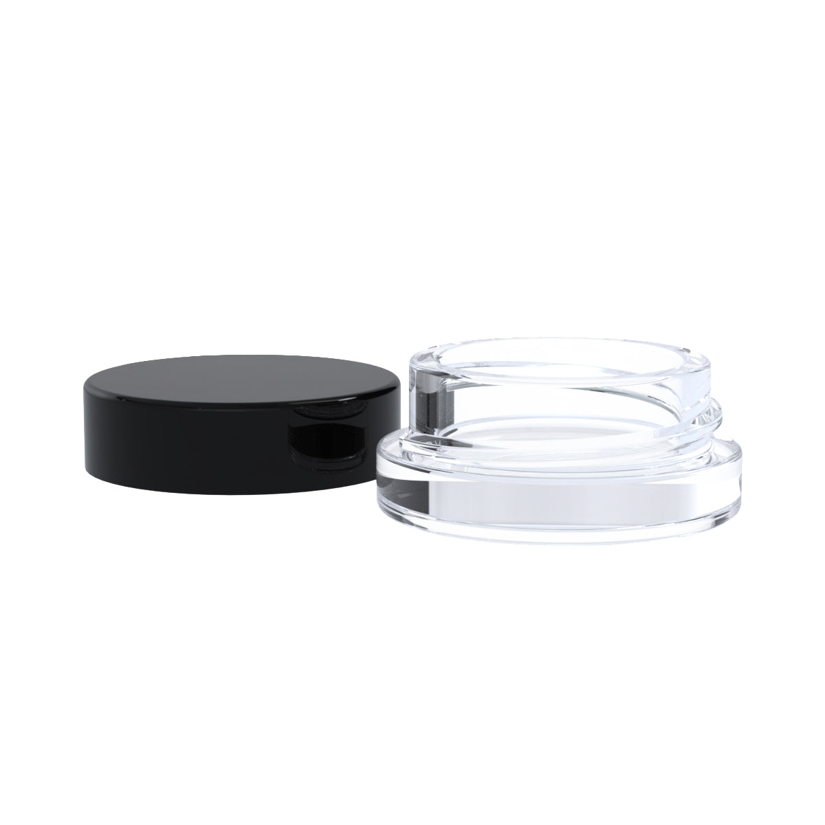 Thick glass concentrate containers with a sleek black lid and clear base for secure storage